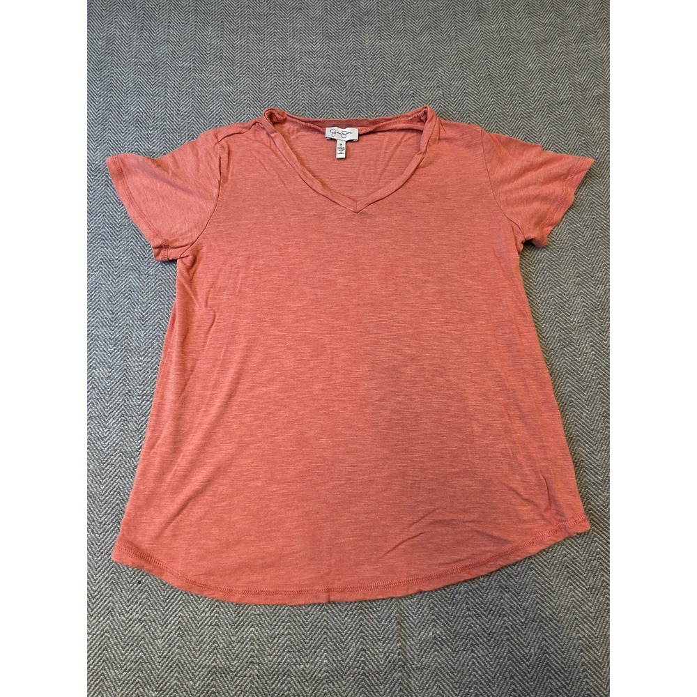 Jessica Simpson T-Shirt Womens M Coral Pink Slub Knitted Short Sleeve V-Neck Tee